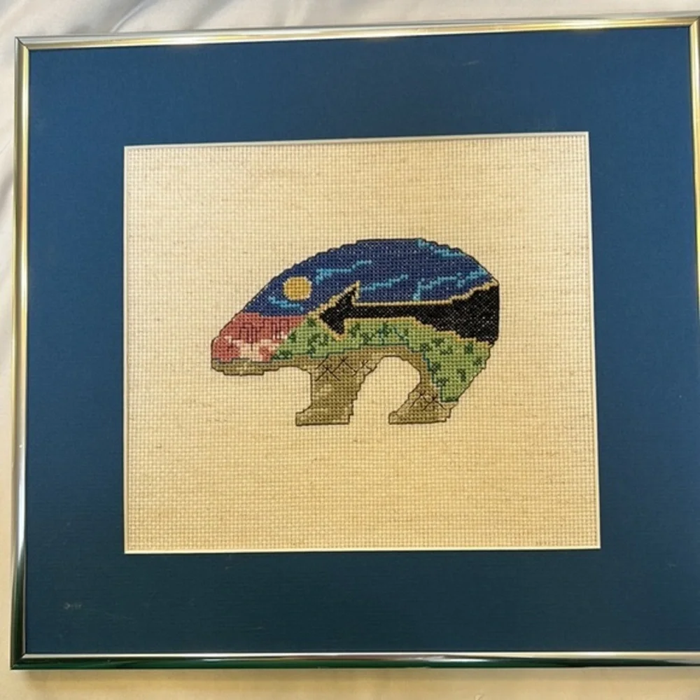 Handmade Counted Cross Stitch Southwest Bear Framed and Matted Picture